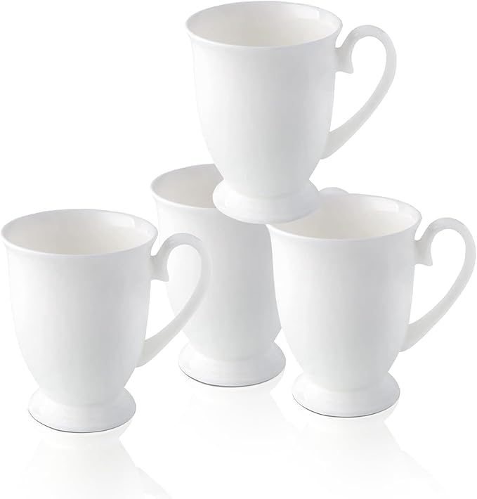 Luxury Fine Bone China White Coffee Mugs Set of 4 (8 oz), Ceramic Euro Style Tea Cups, Elegant Durable Coffee Cups Set for Gifts, Women, Men, Mom, Dad, Wedding