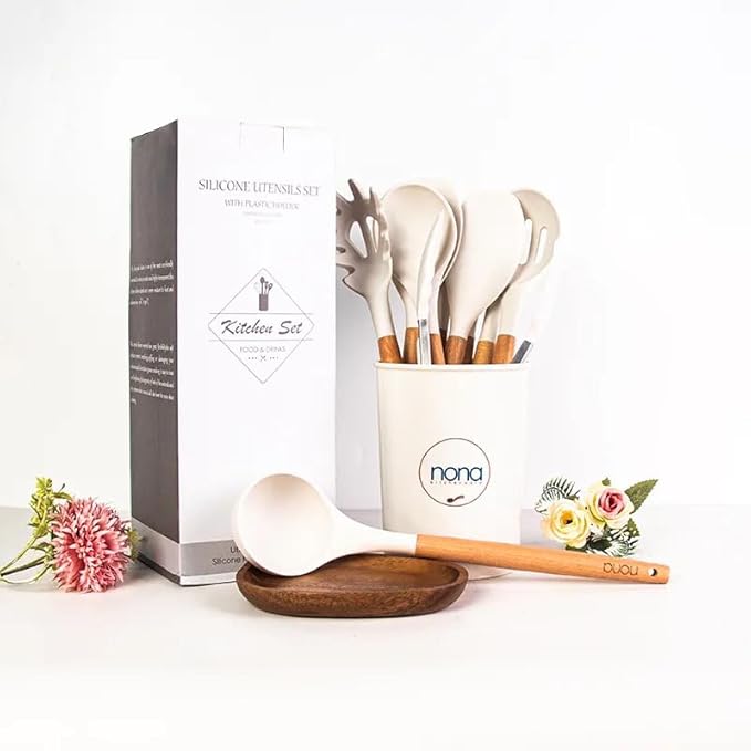 Silicone Cooking Utensils Set, 12 PCS Nonstick, BPA-Free, Wooden Handle, Non Toxic, Ideal for Home & Professional Kitchens