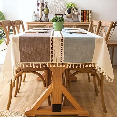 Pahajim Striped Tablecloth Rectangle with Tassels Thick Linen Cotton Table Cloth for Outdoor Picnic Dining and Holiday Kitchen Decor Rectangle/Oblong,55''x118'', 10-12 Seats