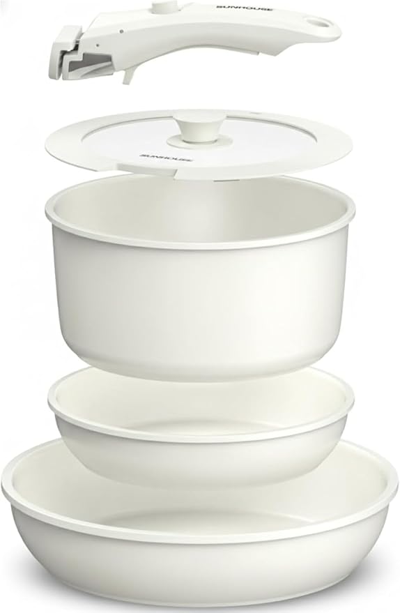 SUNHOUSE 5-Piece Ceramic Pot & Pan Set with Detachable Handle - Nonstick Cookware Set with Lid - PFOA, PFAS & PTFE-FREE, RV Cookware for camping, Dishwasher safe, Oven Safe