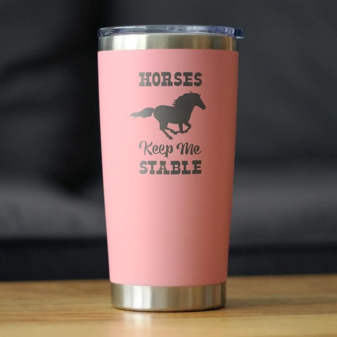 Bevvee Horses Keep Me Stable - Insulated Coffee Tumbler Cup with Sliding Lid - Stainless Steel Insulated Mug - Horse Themed Coffee Gifts - Pink