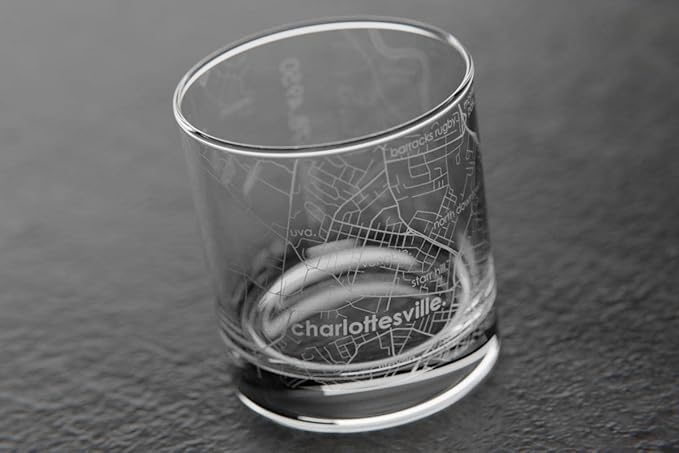 Well Told Engraved Charlottesville Virginia Map Rocks Glass, Old Fashioned Whiskey Glass (11 oz, Clear) Etched Whiskey Glass, Gifts For Whiskey Lovers