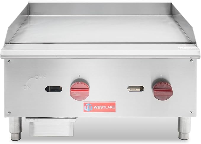 WESTLAKE 24"W Commercial Gas Griddle Countertop Natural Gas and Propane Griddle with 2 Burners 60000 BTU, Stainless Steel Plate Grill for Restaurants