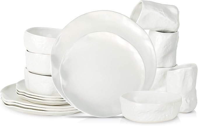 Stone by Mercer Project Atik Modern Stoneware 16-Piece Dinnerware Set, Plate and Bowl Set, Dish set for 4, White