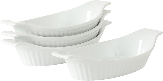 Gibson Home Gracious Dining Oval Au Gratin Baking Dishes, 4-Piece Set – 9 oz Oven Safe Banana Split Bowls, Ceramic Small Casserole Dishes with Handles, Microwave & Dishwasher Safe Mini Bakeware, White