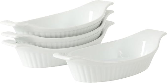 Gibson Home Gracious Dining Oval Au Gratin Baking Dishes, 4-Piece Set – 9 oz Oven Safe Banana Split Bowls, Ceramic Small Casserole Dishes with Handles, Microwave & Dishwasher Safe Mini Bakeware, White