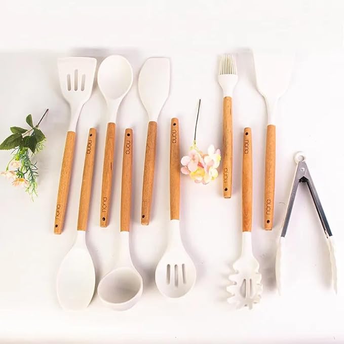 Silicone Cooking Utensils Set, 12 PCS Nonstick, BPA-Free, Wooden Handle, Non Toxic, Ideal for Home & Professional Kitchens