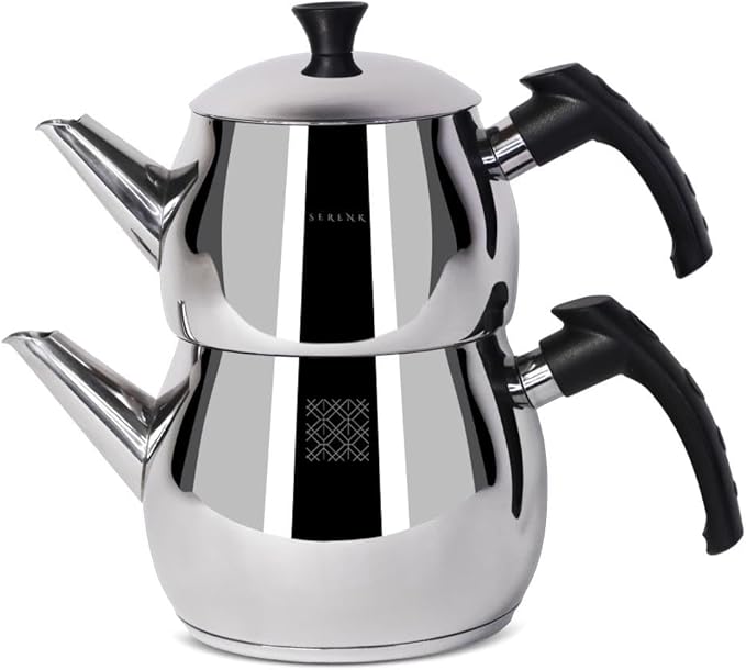 Serenk Modernist Stainless Steel Teapot | 1 L Top, 1.5 L Base, Induction Ready, Mirror Finish, Cool-Touch Handles, Elegant, Durable, Dishwasher Safe