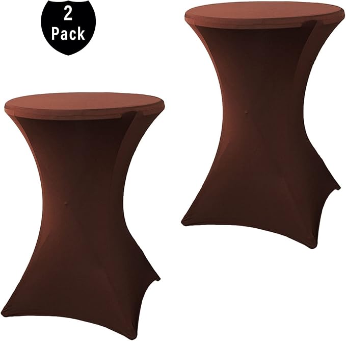 2 Pack 24x43 Inch Brown Cocktail Tablecloth Spandex Round Fitted Table Cover for Wedding Banquet Event Party