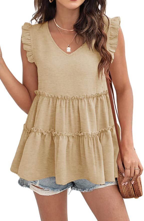 Womens Babydoll Tank Tops V Neck Ruffle Sleeve Pleated Peplum Shirts Summer