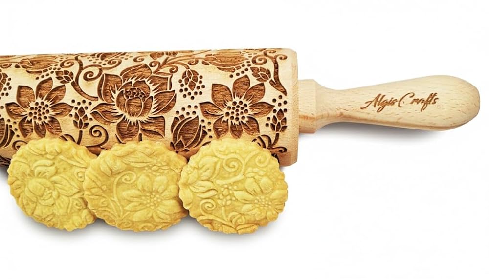 LOTUS embossing rolling pin with Lotus flower Pattern. Dough roller for embossed cookies and Pottery by Algis Crafts