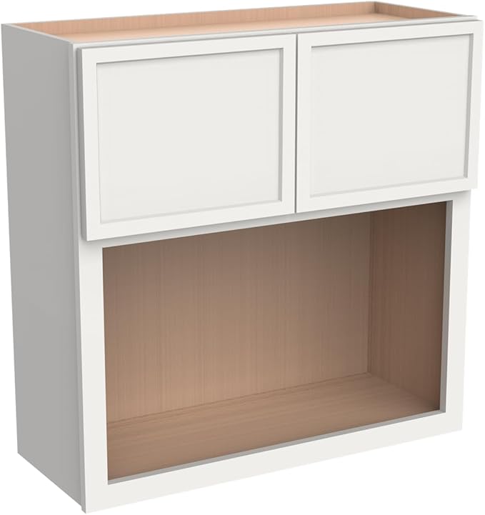 Solid Wood RTA Wall Microwave Cabinet with Open Shelves – Shaker Style, Space-Saving Kitchen Pantry Storage, Durable and Versatile Wall-Mounted Organizer (NT-Origami White, 30" W x 24" D x 36" H)