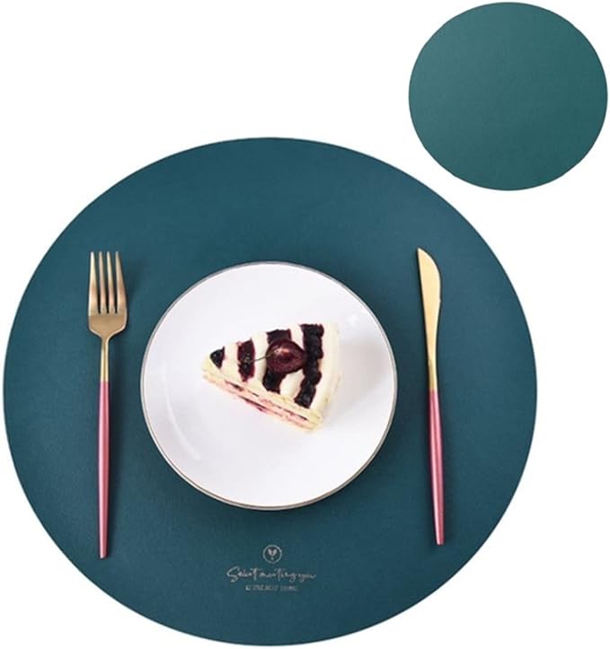 Faux Leather Placemats and Coasters Set Washable Round Table Mat Waterproof Coffee Mats Heat- Place Mats Table(Circle Ink Blue)