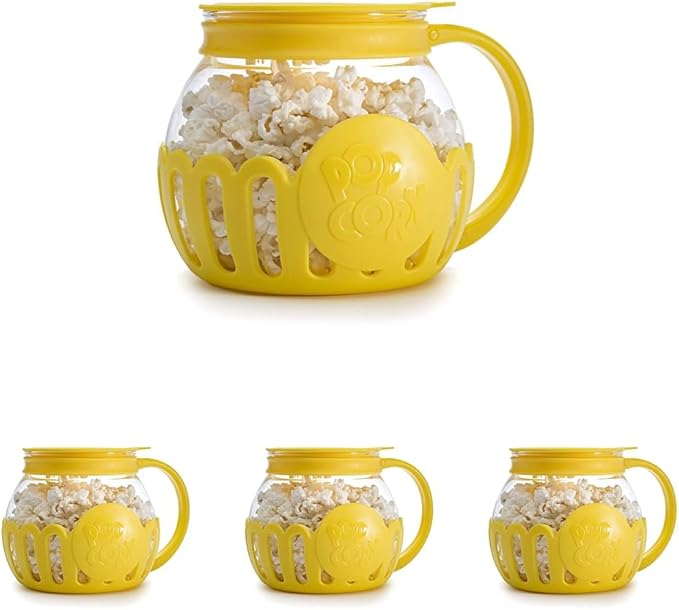 Ecolution Patented Micro-Pop Microwave Popcorn Popper with Temperature Safe Glass, 3-in-1 Lid Measures Kernels and Melts Butter, Made Without BPA, Dishwasher Safe, 1.5-Quart, Yellow (Pack of 4)