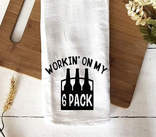 Handmade Funny Kitchen Towel - 100% Cotton Beer Run Hand Bar Towel for Kitchen - 28x28 Inch Perfect for Hostess Housewarming Christmas Mother’s Day Birthday Gift (Workin On My 6 Pack)
