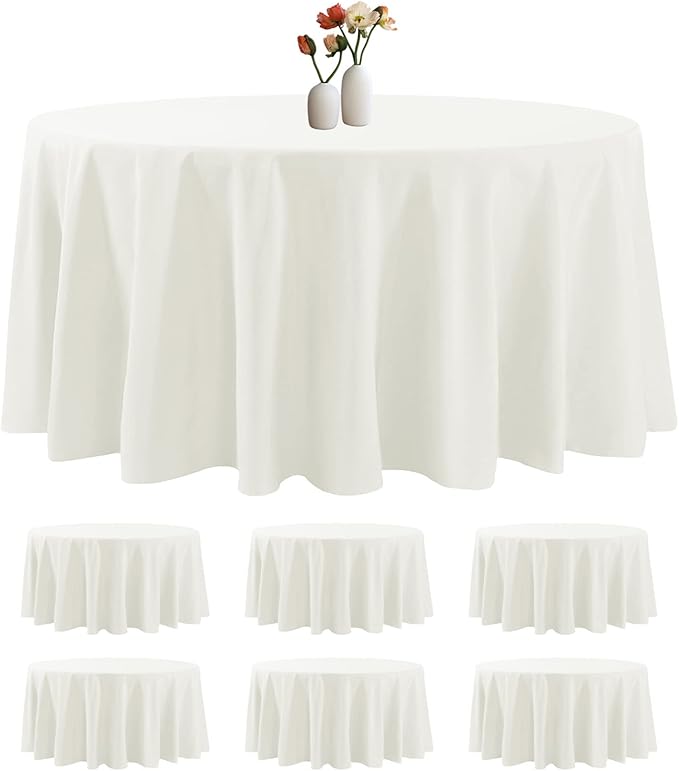 6 Pack Round Tablecloth 132 Inches Ivory Table Cloth Stain and Wrinkle Resistant Washable Polyester Fabric Table Cover for Party, Wedding and Banquet Decoration