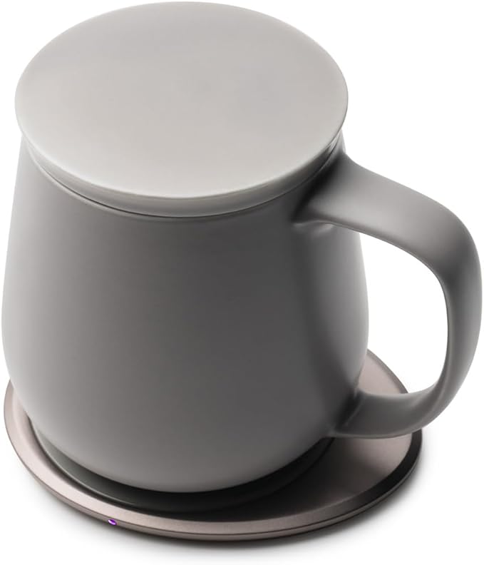 Ui+ Self-Heating Mug Set – Soft Gray | 18 fl oz / 532 mL Ceramic Coffee & Tea Mug Set with Heating Pad