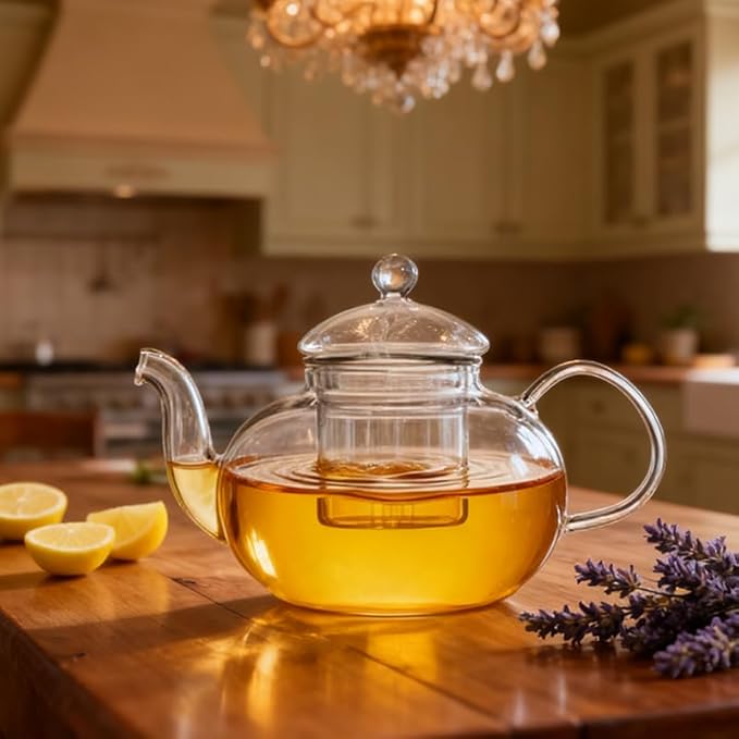 800ml(27oz) Borosilicate Glass Teapot with Removable Glass Infuser, Stovetop Safe Clear Tea Kettle for Blooming and Loose Leaf Tea