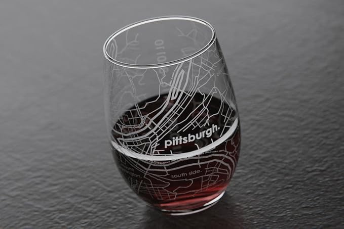 Well Told Engraved Pittsburgh Pennsylvania Map Stemless Wine Glass, Etched Glassware (15 oz, Clear) City Map Gift, Custom Barware, Gifts for Wine Lovers