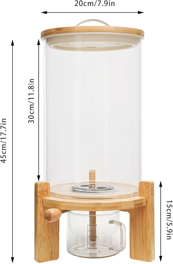 Flour and Cereal Container, 7.5L Rice Dispenser, Glass Food Storge Container for Kitchen Organization and Pantry Store, with Airtight Lid, Measuring Cup and Wooden Stand