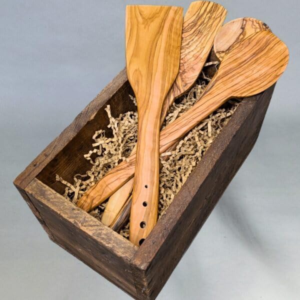 Handmade Olive Wood Kitchen Utensil Set - 4-Piece Artisan Cooking and Serving Utensil Bundle, Olive Wood Utensils, Fair-Trade, Handcrafted, Includes 2 Greek Recipes - LESVOS WOODCRAFT