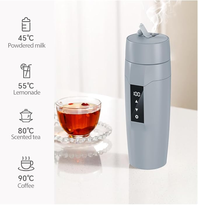 Electric Heating Kettle with Temperature Control, 40~100 ℃ Adjustable, Mini Portable Travel Electric Water Mug, Anti-leakage, 300W Fast Heating Insulation Cup, Anti-dry Fever, Auto- shutdown, Gray