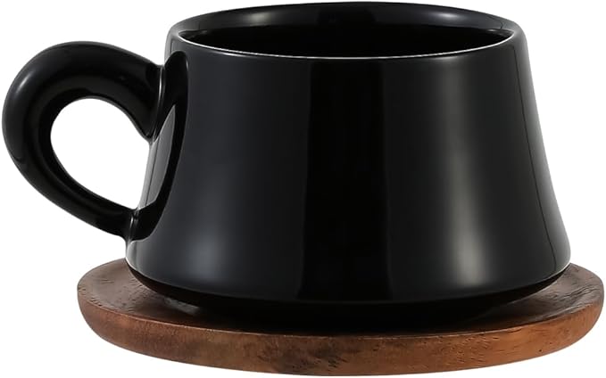 Black Cappuccino Mug and Wood Saucer - 7 oz Ceramic Coffee Cup with Saucer | Microwave Dishwasher Safe | For Tea, Espresso, Latte | Porcelain Cup Set for Kitchen Cafe | Great Gift