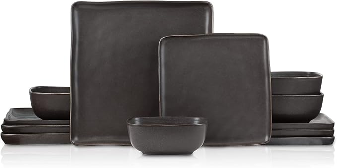 Stone Lain Jonny Stoneware 12 Piece Dinnerware Set, Home Kitchen Modern Square Dish Set with Dinner Plates, Salad Plates, & Bowls, Brown