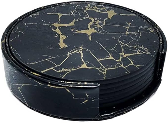 6PCS Leather Marble Coaster Drink Coaster Coaster Easy to Clean Placemat Round Tea Mat Table Mat Rack(C)