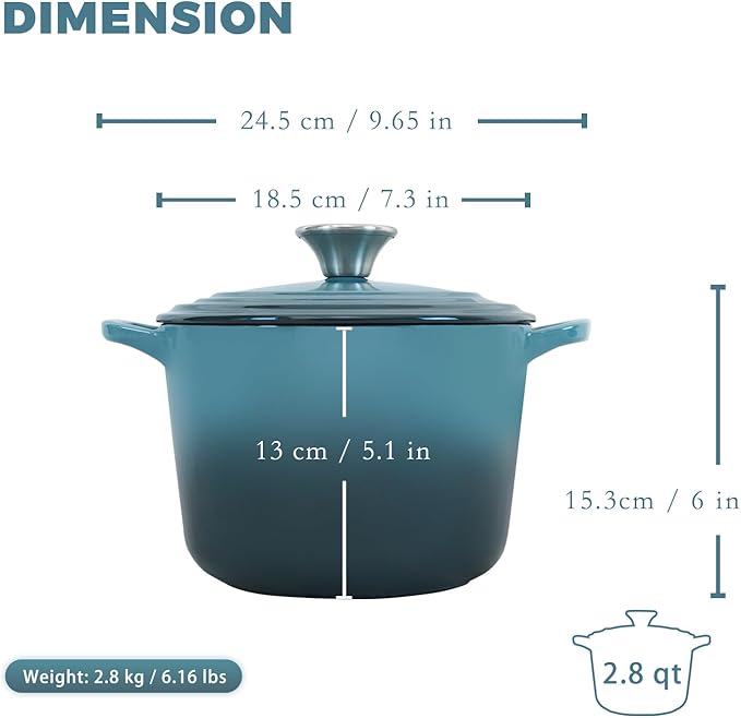Dutch Oven Pot with Lid 2.8 qt Cast Iron Dutch Oven for Bread Baking Slateblue Enameled Cast Iron Rice Pot with Handels