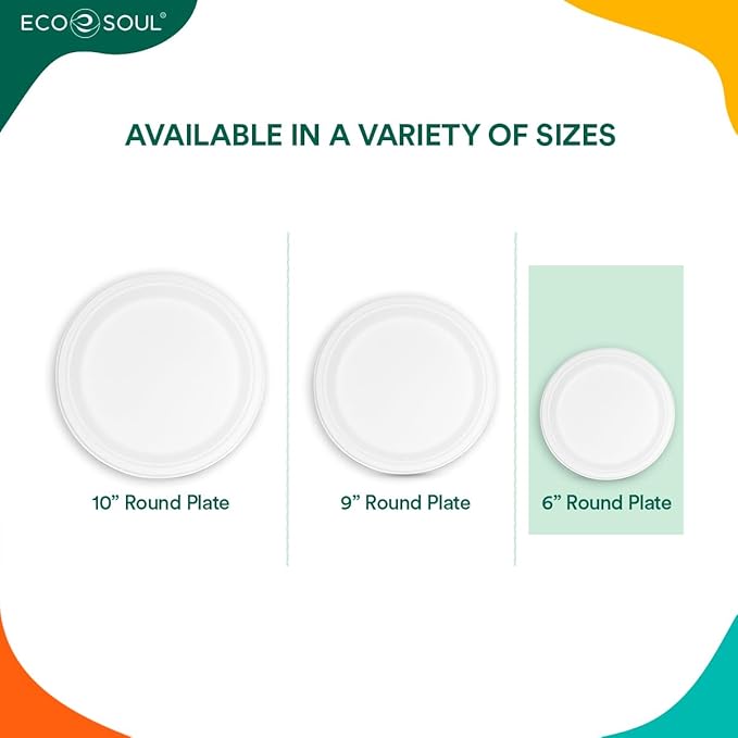 ECO SOUL Compostable 9 Inch(200-Pack) Biodegradable Heavy-Duty Disposable Eco-Friendly Paper Plates for Dinner & Parties, Wedding, Event(White)