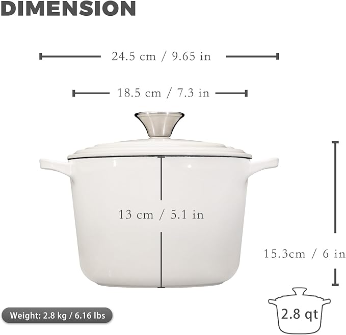 Dutch Oven Pot with Lid 2.8 qt Cast Iron Dutch Oven for Bread Baking White Enameled Cast Iron Rice Pot with Handels