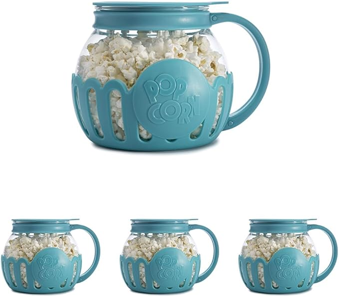 Ecolution Patented Micro-Pop Microwave Popcorn Popper with Temperature Safe Glass,3-in-1 Lid Measures Kernels and Melts Butter,Made Without BPA,Dishwasher Safe,1.5-Quart,Teal,(Pack of 4)