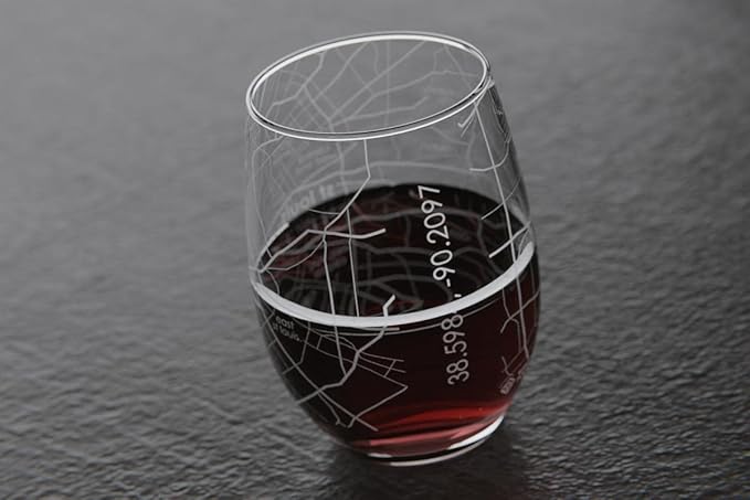 Well Told Engraved St. Louis Missouri Map Stemless Wine Glass, Etched Glass (15 oz, Clear) City Custom Gifts for Lovers