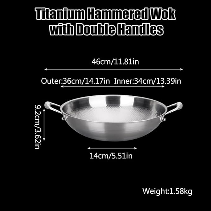 14 Inch Titanium Hammered Wok with Double Handles, Frying Pans Nonstick, Non-Stick Wok, Scratch-Resistant Non Stick Titanium Pans for Cooking,No lid