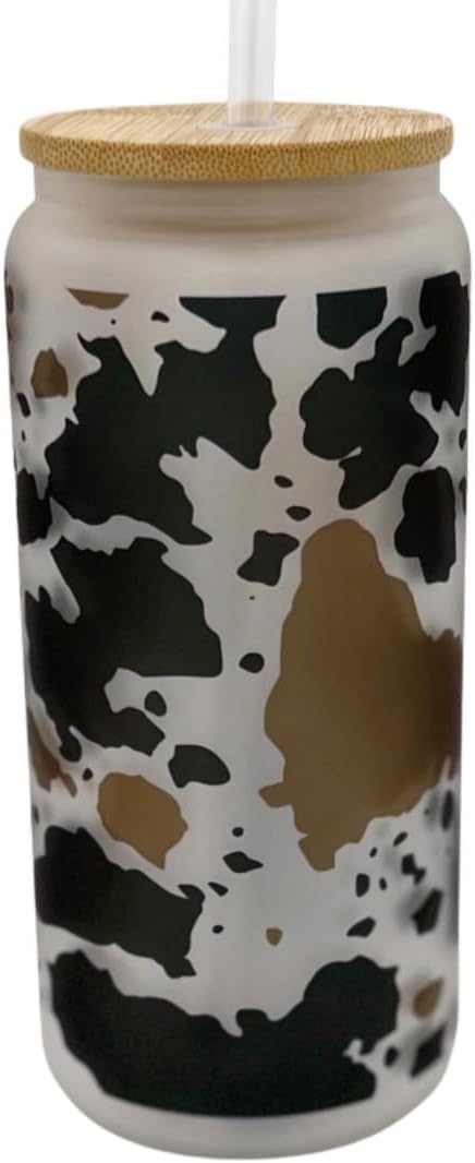 20oz Frosted Glass With Bamboo Lid and Plastic Straw - Western (Cow Print #1, 20oz)