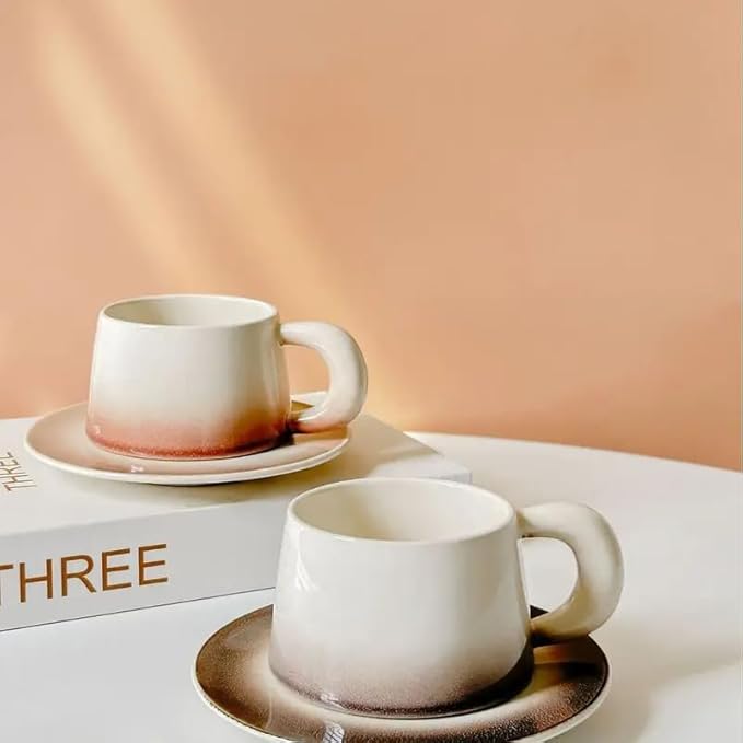 Ceramic Cappuccino Cup and Saucer Set, 8 oz, White with Pink Gradient, Microwave Safe, with Spoon (coffee)