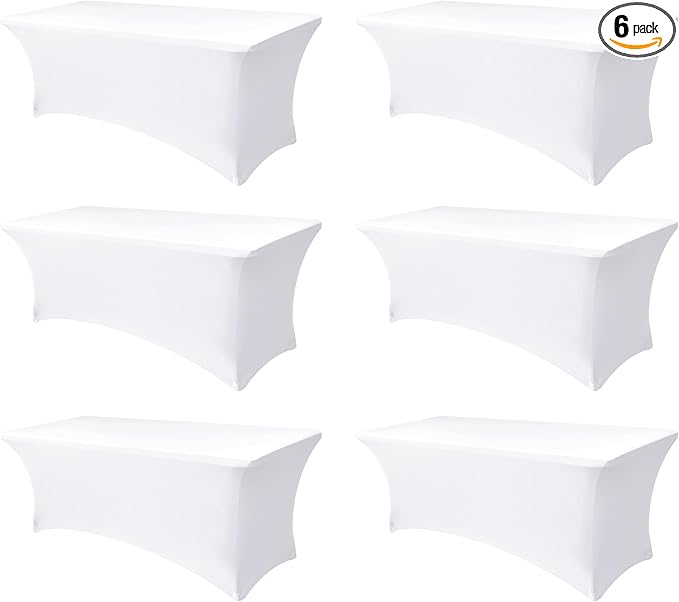 Table Cover for 6 foot Rectangle Tables-6 Pack White Fitted Stretch Tablecloth-Elastic Spandex 6ft Folding Tablecloths for Party, Vendor Booth Display, Banquet Buffet Event, Craft Trade Show