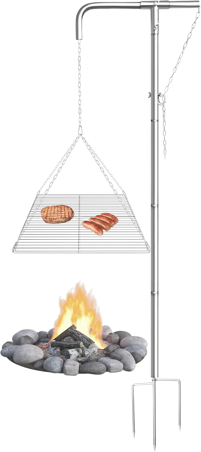 Tripod Campfire Grill with Adjustable Hanging Grate, 360° Rotating Fire Pit Grill System, Heavy Duty Stainless Steel Outdoor Cooking Stand for Camping & Backyard