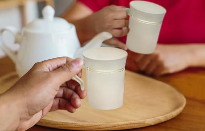 OCCASIONS 40 Pack Disposable Coffee Mugs with Handles, 8oz Heavyweight Plastic Tea Cups for Hot & Cold Beverages, Wedding Party Events - Ivory & Gold Rim