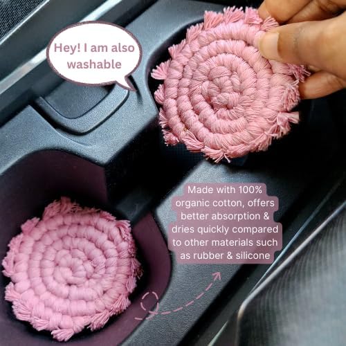 Cotton Car Coasters for Cup Holders, 2PC Car Cup Coasters, Drink Coaster Holder, Cute cupholder Coaster Accessories for Women, Macrame, Boho(Champagne Pink)