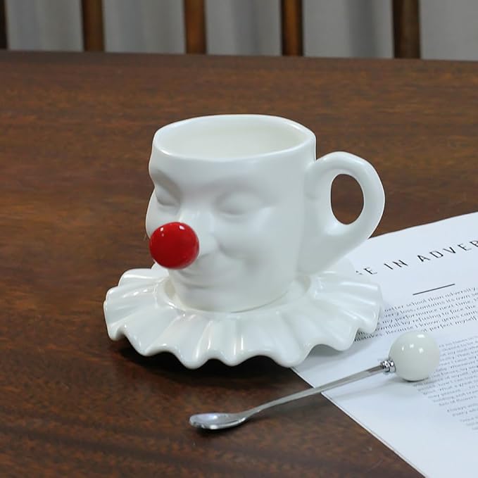 Tea Cups and Saucers, Ceramic Coffee Cup Set 8.5oz, Porcelain Tea Set Face artistic clown cup Design for Lover Gift & Home Decor-White