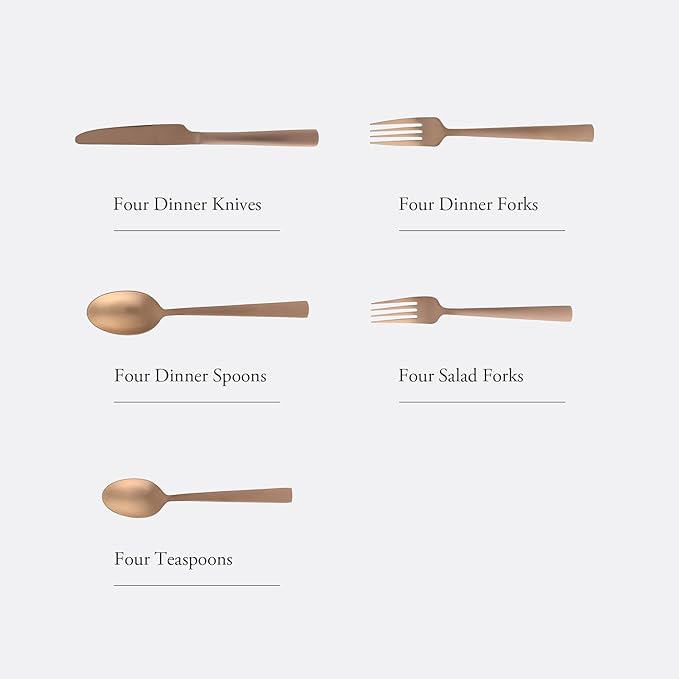 Gibson Elite Earlston 20-Piece Flatware Silverware Set - Stainless Steel Utensils - Forks, Spoons, Knives - Service for 4 - Matte Rose Gold