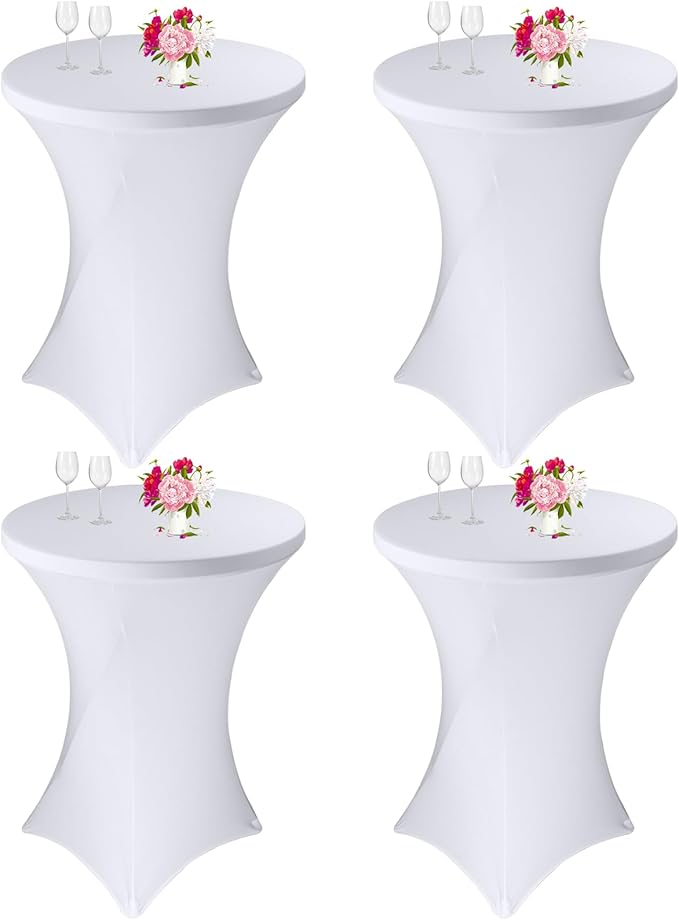 4 Pack Cocktail Spandex Tablecloth 32"x43" Cocktail Table Cover Fitted High Top Round Table for Bar Wedding Birthday Party Banquet (White)