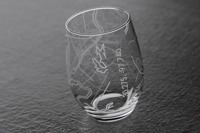 Well Told Engraved Austin Texas Map Stemless Wine Glass, Etched Glass (15 oz, Clear) City Custom Gifts for Lovers