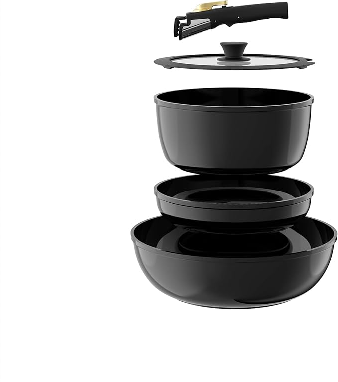 Pots and Pans Set Non Stick, Ceramic Cookware Set Detachable Handle, RV Camping Kitchen Cooking Set Removable Handles, Dishwasher/Oven/Fridge Safe, Induction, Space Saving，Black Gold