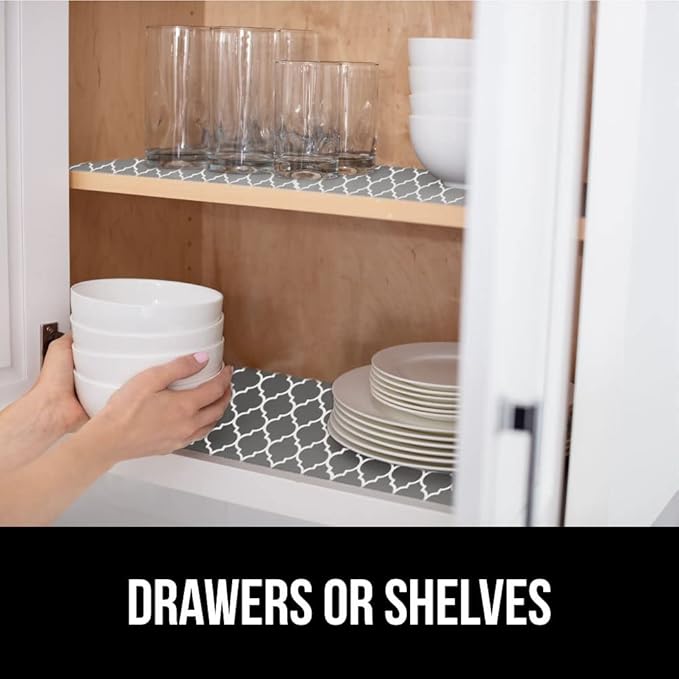 GORILLA GRIP Slip Resistant Drawer and Shelf Liner 2 Pack, Non Adhesive Water Resistant, Easy Clean and Trim, Smooth Surface Liners for Kitchen Cabinet Shelves Drawers Pantry 12 IN x 10 FT, White Gray