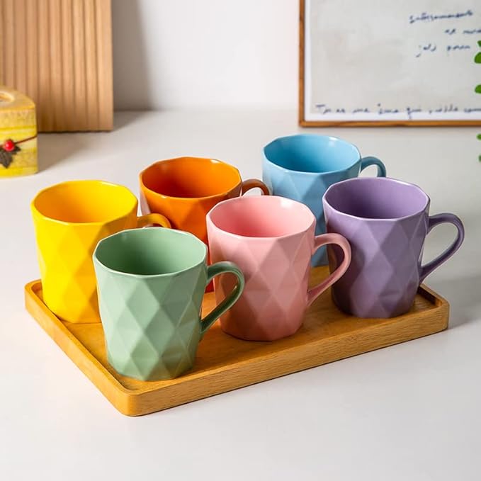 11 Ounce Porcelain Mugs, Set of 6, Tea and Cocoa Mug Set, Multicolor, Matte