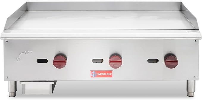 WESTLAKE 36"W Commercial Gas Griddle Countertop Natural Gas and Propane Griddle with 3 Burners 90000 BTU, Stainless Steel Plate Grill for Restaurants