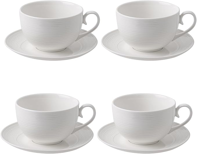 12 oz Cappuccino Cups with Saucers, Ceramic Espresso Coffee Cups Set of 4, White Latte Cup and Saucer, Elegant Tea Mugs Set, Microwave Dishwasher Safe Drinkware for Cafe, Housewarming Gift